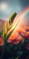 Blooming flower against vibrant background with rainbow and soft focused flora during golden hour photo
