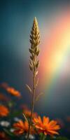 Fascinating close-up of a delicate plant reaching towards a colorful light source at sunset in a serene garden setting photo