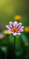 Pink and white striped flower blooms among blurred yellow flowers in a vibrant garden setting photo