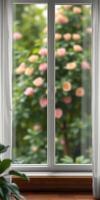 Beautiful garden view with blooming flowers seen through a bright window in a cozy room photo