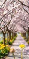 Blossoming cherry trees create a picturesque pathway with vibrant flowers under clear blue sky photo
