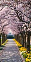 Cherry blossom trees lining a peaceful pathway adorned with yellow flowers in springtime photo