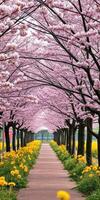 Cherry blossoms and dandelions line a pathway in a beautiful spring park during daytime photo