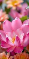 Beautiful pink lotus flowers blooming in a tranquil garden setting with soft hues during daylight hours photo
