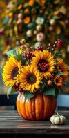 Vibrant sunflower arrangement in a pumpkin vase captures autumn's charm and warmth during a cozy indoor gathering photo