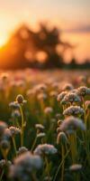 Sunset over fields of wildflowers creates a serene and vibrant atmosphere in nature's beauty photo