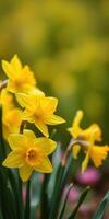 Bright yellow daffodils bloom in a sunny garden, signaling the arrival of spring and bringing vibrant colors to the landscape photo
