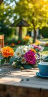 Colorful floral arrangement on a wooden table in a sunny garden setting during springtime photo