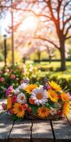 Vibrant flower arrangement on a wooden table in a sunlit park during springtime photo