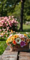 Colorful flower arrangement in a sunny park with blooming roses in the background photo