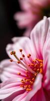 Close-up view of a pink flower revealing its delicate petals and vibrant stamen during a sunny afternoon in a garden photo