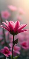 Stunning close-up of a pink flower in a vibrant garden during golden hour capturing nature's beauty and serenity photo