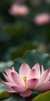 Beautiful pink lotus flower blooming amidst green leaves in a serene natural setting photo
