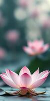 Pink lotus flowers in full bloom over a tranquil water surface at a serene pond during daylight photo