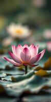 Beautiful pink lotus flower blooming among green leaves in a tranquil pond during the day photo