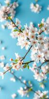 Blossoming cherry tree branches with white flowers against a bright blue background in springtime photo