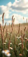 Golden grass and white daisies sway gently under a blue sky with fluffy clouds in a tranquil meadow photo