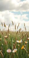 Beautiful wildflower meadow on a sunny day with gentle clouds in the sky photo