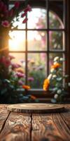 Wooden table with circular plate in front of blooming flowers and warm sunlight shining through a window photo