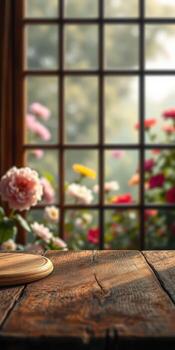 Beautiful wooden table with a view of colorful flowers through a window in a serene garden setting during daytime photo
