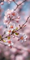 Cherry blossom flowers bloom beautifully against a soft blue sky in springtime photo
