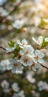 Cherry blossoms bloom in spring sunlight, showcasing delicate white petals and vibrant green leaves in a tranquil setting photo