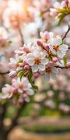 Cherry blossoms bloom beautifully on the branches in a serene garden during springtime sunlight photo