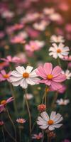 Vibrant cosmos flowers bloom in a serene garden at sunset in early spring photo