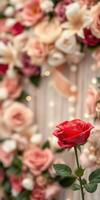 Red rose in front of a floral backdrop with lights at a celebration or event setting photo