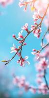 Cherry blossoms bloom against a clear blue sky in spring sunlight photo