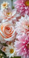 Colorful bouquet of roses and daisies arranged artfully in a soft palette for a spring celebration indoors photo