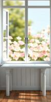 White table by window with blooming flowers seen outside in a bright, sunny setting photo