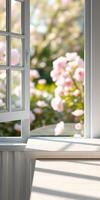Soft sunlight filters through an open window, illuminating a table beside vibrant blooming flowers in a serene setting photo