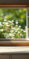 Blooming flowers seen through an open window on a sunny afternoon in a serene garden setting photo