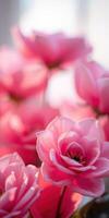 Beauty of blooming pink roses in soft sunlight creating a serene atmosphere in a garden setting photo