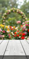 Colorful blooming flowers create a vibrant backdrop for a wooden balcony in a peaceful garden setting during spring photo