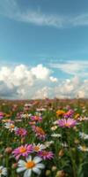 Colorful wildflower field under a bright blue sky with fluffy clouds in the background near a sunny countryside photo