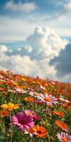 Colorful flowers bloom in a vibrant meadow under a blue sky with puffy white clouds during a sunny afternoon photo