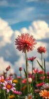Colorful flowers bloom in a vibrant field under a bright sky during midday photo