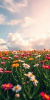 Colorful wildflower field under a cloudy sky in the late afternoon light photo