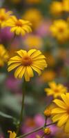 Bright yellow flowers bloom in a vibrant garden during spring near a serene landscape photo