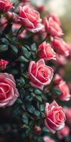Vibrant pink roses bloom amidst lush green leaves in a serene garden during late spring photo
