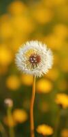 Dandelion puff stands out against a vibrant yellow flower field in lush greenery during a sunny afternoon photo