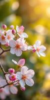 Cherry blossoms bloom in spring sunlight, showcasing delicate petals and vibrant colors in a serene garden setting photo