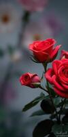 Red roses blooming during spring in a serene garden showcasing vibrant petals and lush green leaves photo