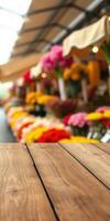 Vibrant flower market in full bloom with colorful arrangements and wooden table foreground photo