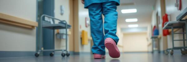 Nurse walks down the hospital corridor wearing scrubs and comfortable shoes during duty hours photo