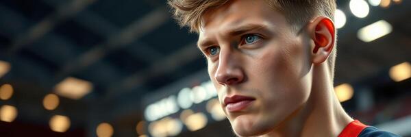 Intense focus of an athlete before a competition in a bustling arena filled with excitement and anticipation photo