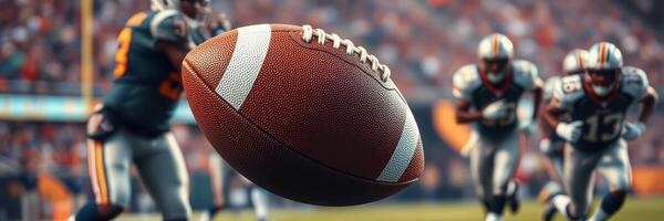 Intense football action as players chase the ball during a packed stadium game in mid-afternoon sunlight photo