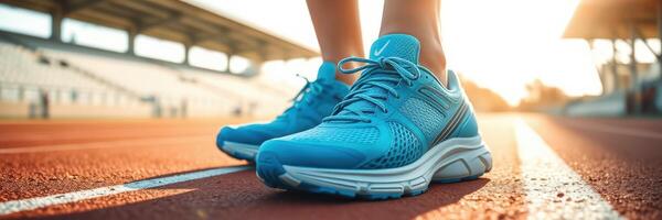 Bright blue running shoes positioned on a track at sunset with the stadium in the background photo